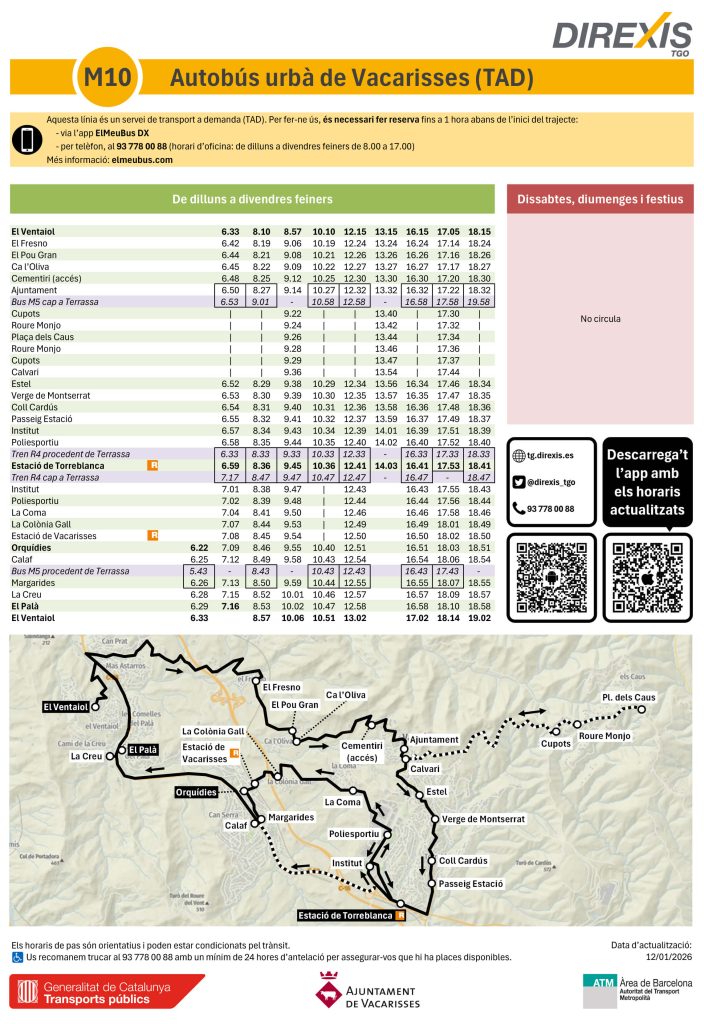 Mapa de cobertura i parades del servei d'autobús a demanda ElMeuBus. M10 Vacarisses, Autobús Urbà de Vacarisses