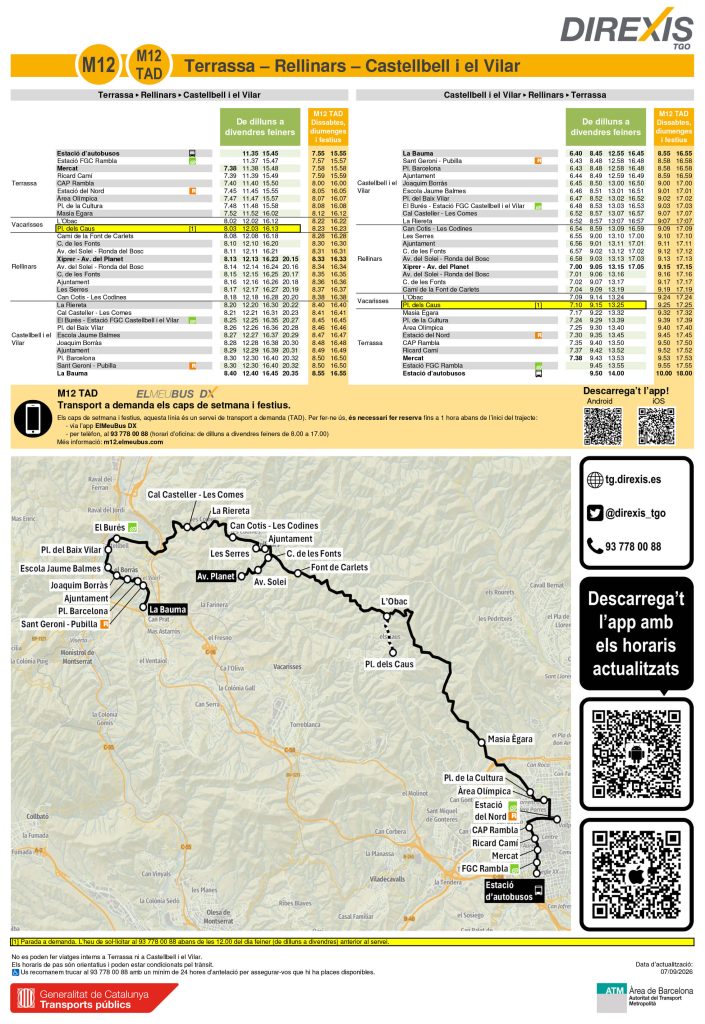 Mapa de cobertura i parades del servei d'autobús a demanda ElMeuBus. M12 Terrassa, Rellinars i Castellbell i el Vilar
