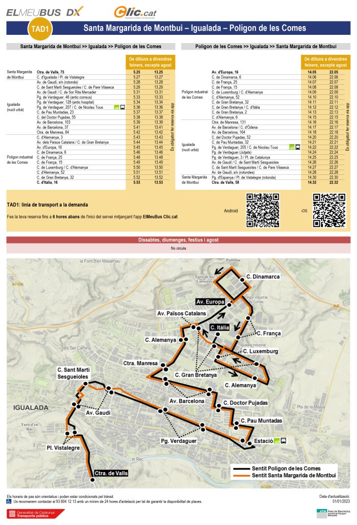 Mapa de cobertura i parades del servei d'autobús a demanda ElMeuBus. TAD2 Igualada, Santa Margarida de Montbui i el Polígon de Les Comes