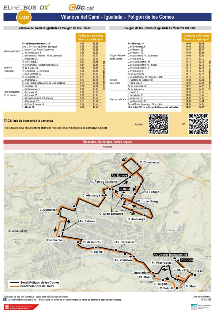 Mapa de cobertura i parades del servei d'autobús a demanda ElMeuBus. TAD2 Igualada, Vilanova del Camí i el Polígon de Les Comes